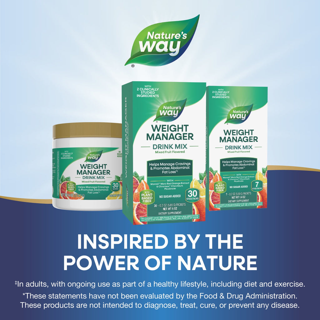 Nature's Way Weight Manager Drink Mix Packs, Plant-Based Fiber, Mixed Fruit Flavored, Unisex, 30ct