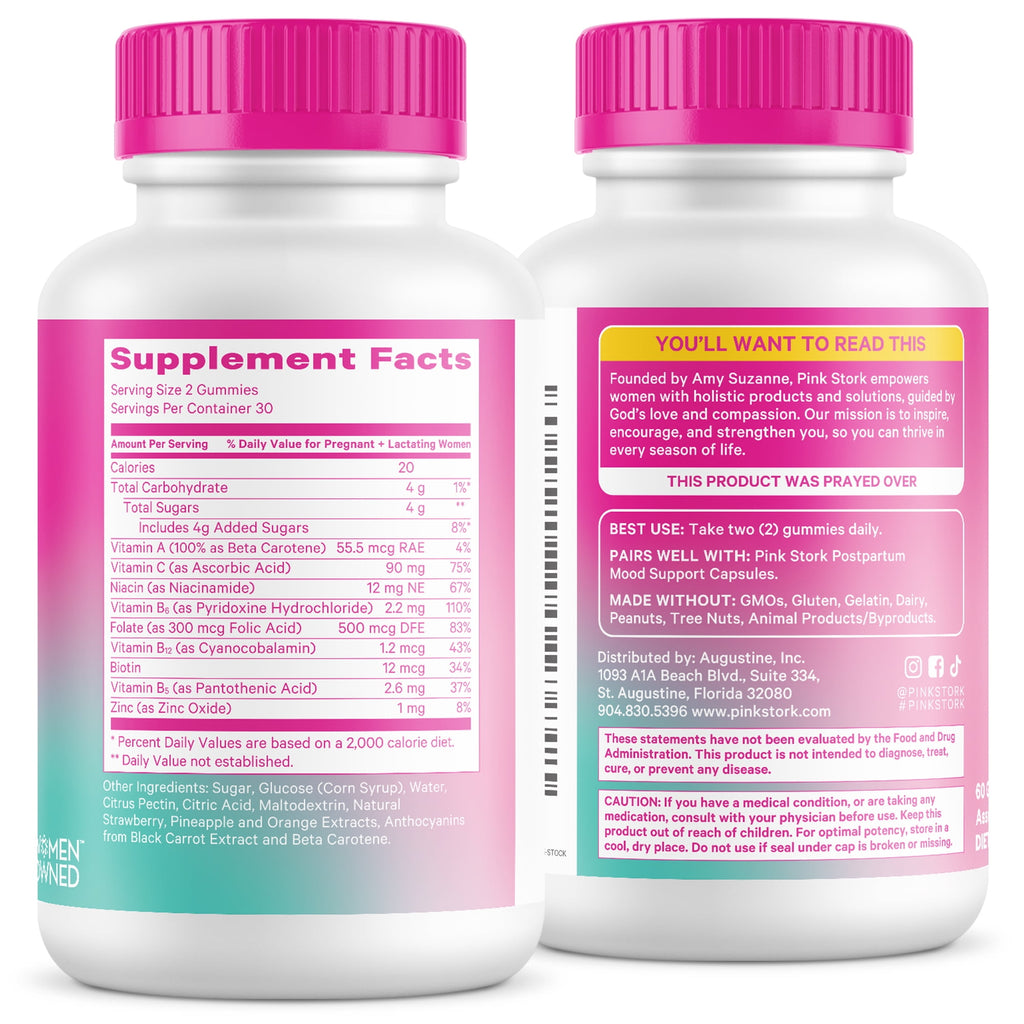 Pink Stork Postnatal Gummies, Multivitamin for Nursing Moms, Lactation Supplement with Folate, 60ct