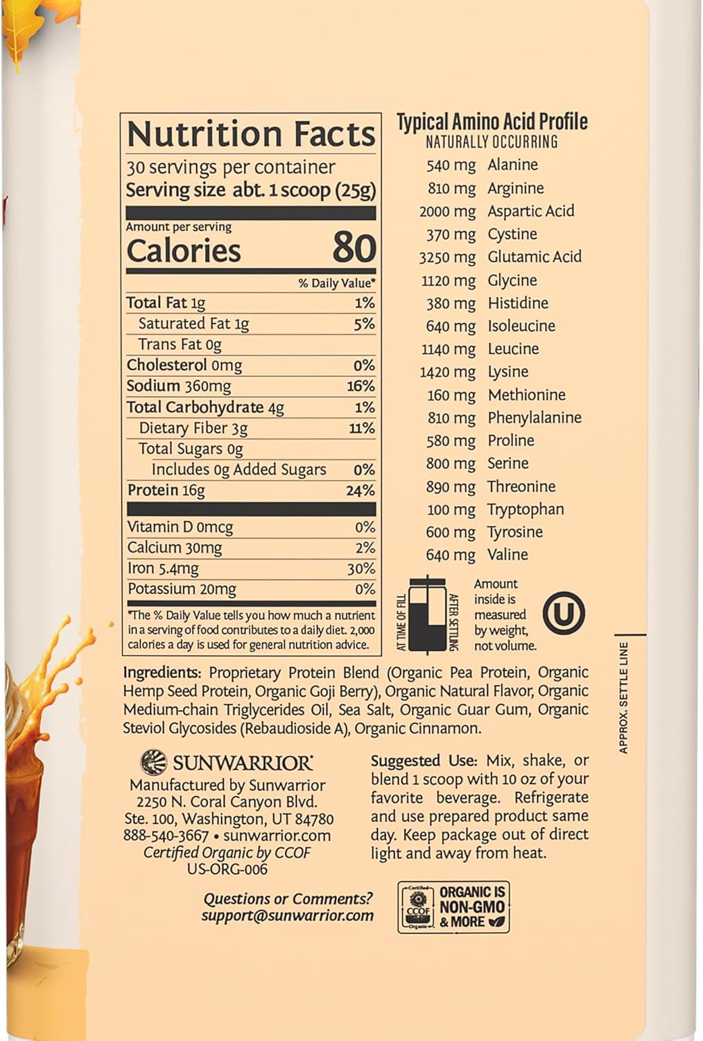 Sunwarrior Plant-Based Protein Powder Warrior Blend, Pumpkin Spice, 16g Protein, 26.46 oz