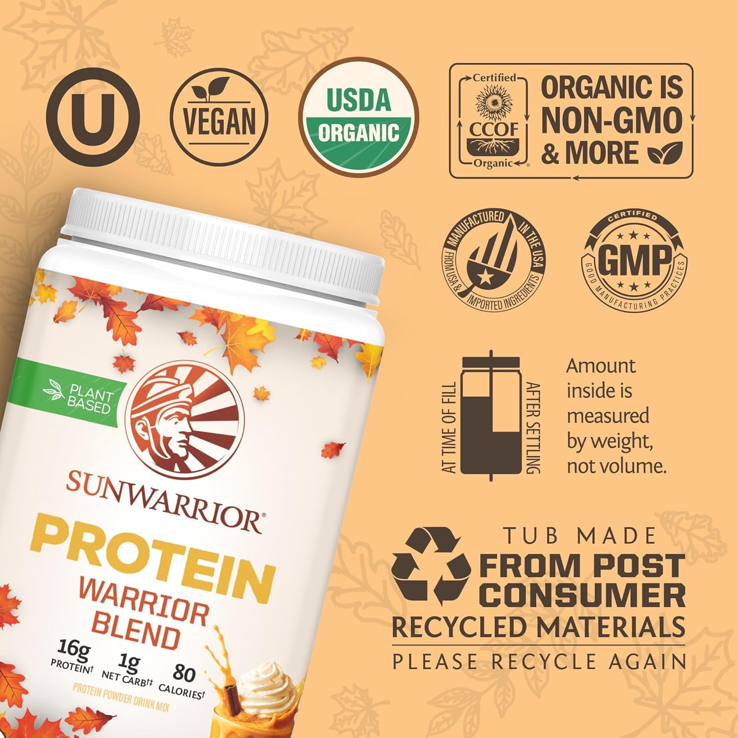 Sunwarrior Plant-Based Protein Powder Warrior Blend, Pumpkin Spice, 16g Protein, 26.46 oz