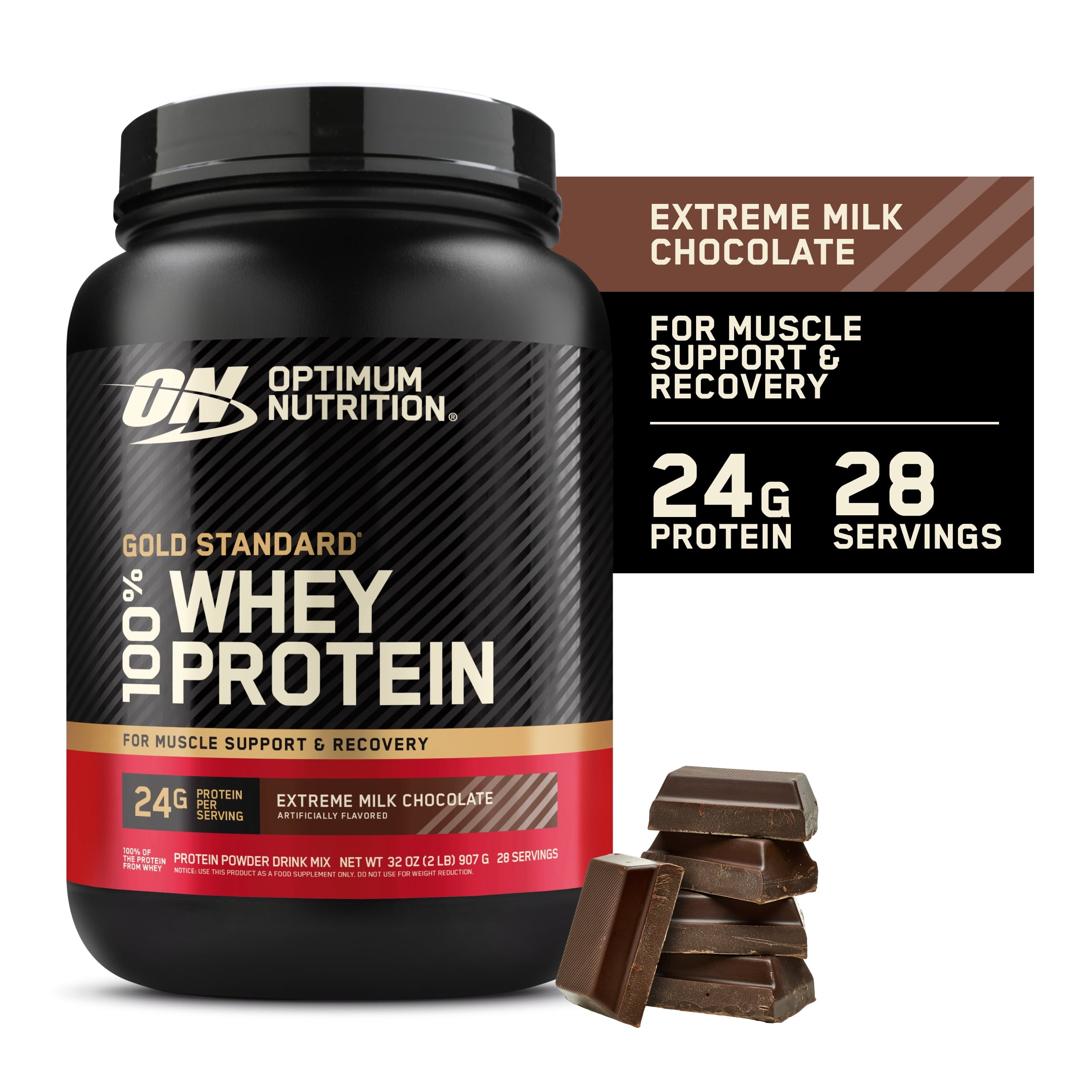 Optimum Nutrition Gold Standard 100% Whey Protein Powder, Extreme Milk Chocolate, 24g Protein, 2 LB