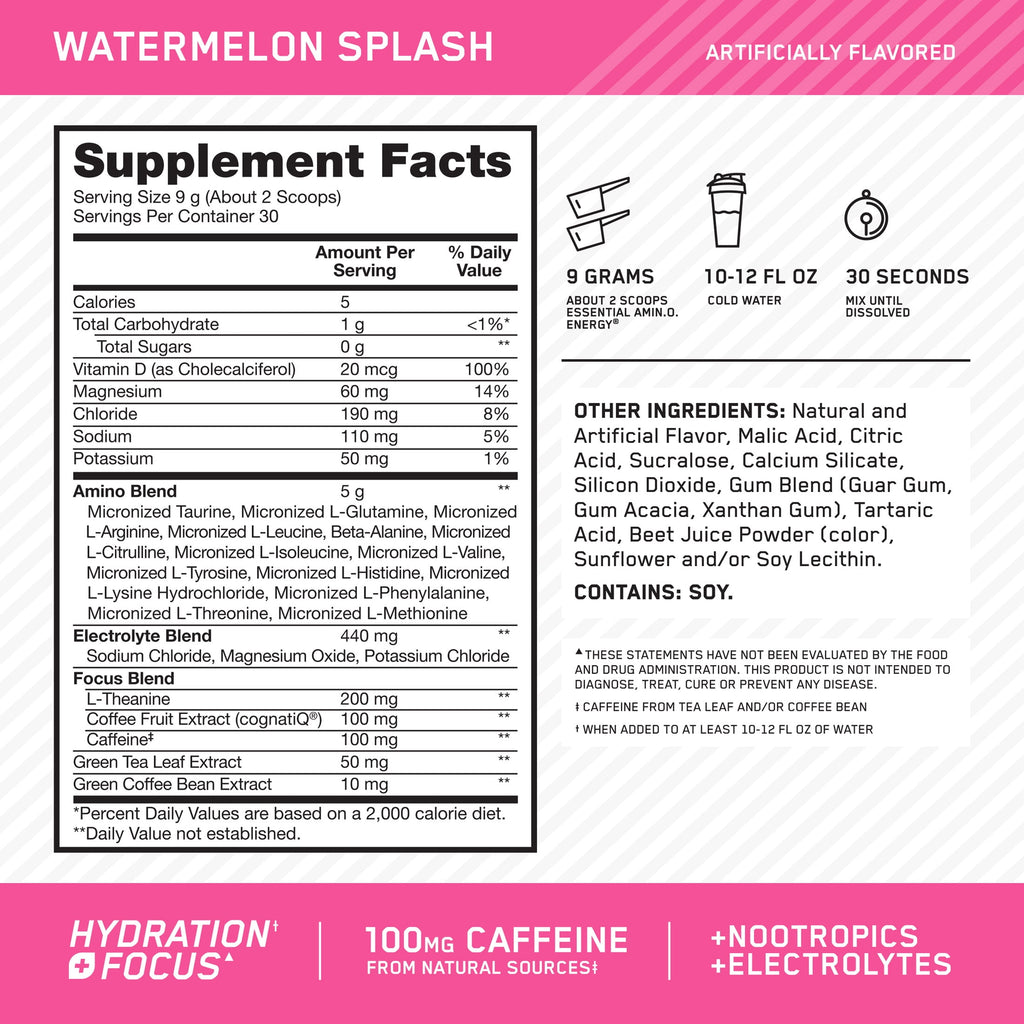 Optimum Nutrition Essential Amino Energy Hydration Plus Focus Powder, Watermelon Splash, 30 Servings