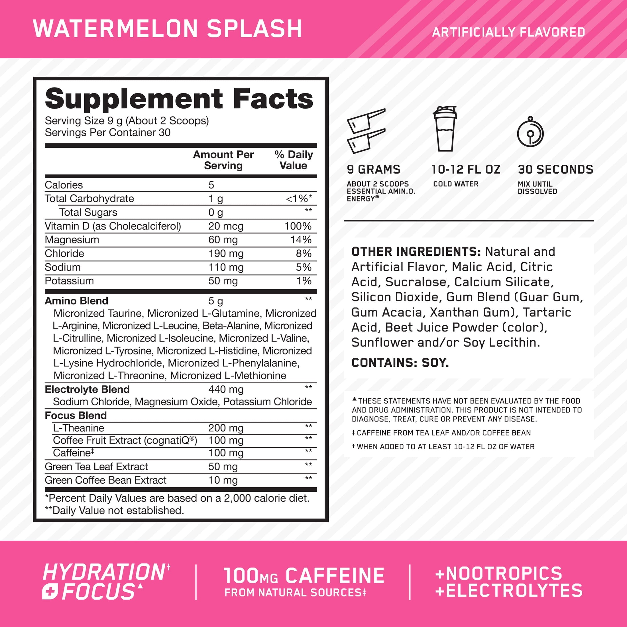 Optimum Nutrition Essential Amino Energy Hydration Plus Focus Powder, Watermelon Splash, 30 Servings