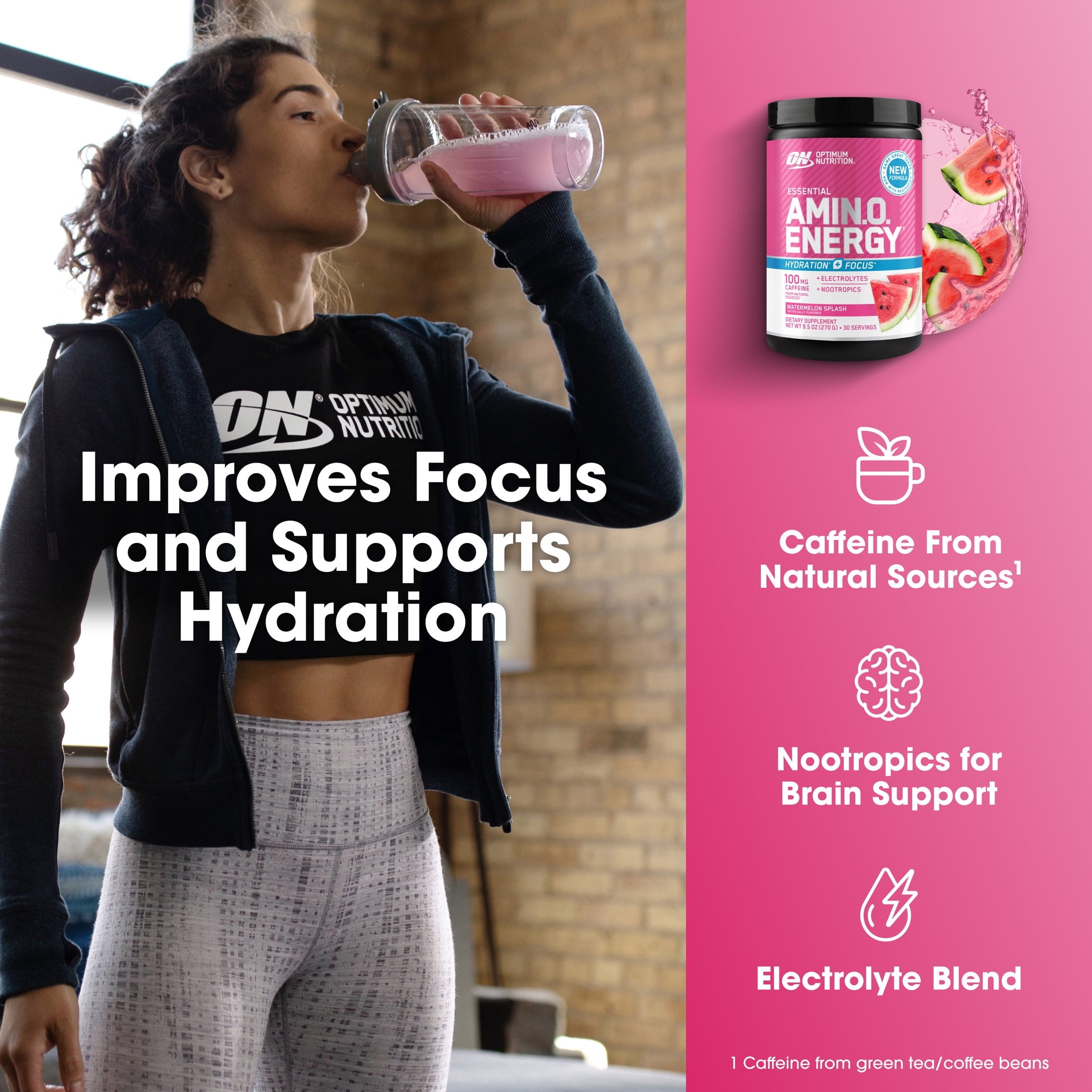 Optimum Nutrition Essential Amino Energy Hydration Plus Focus Powder, Watermelon Splash, 30 Servings