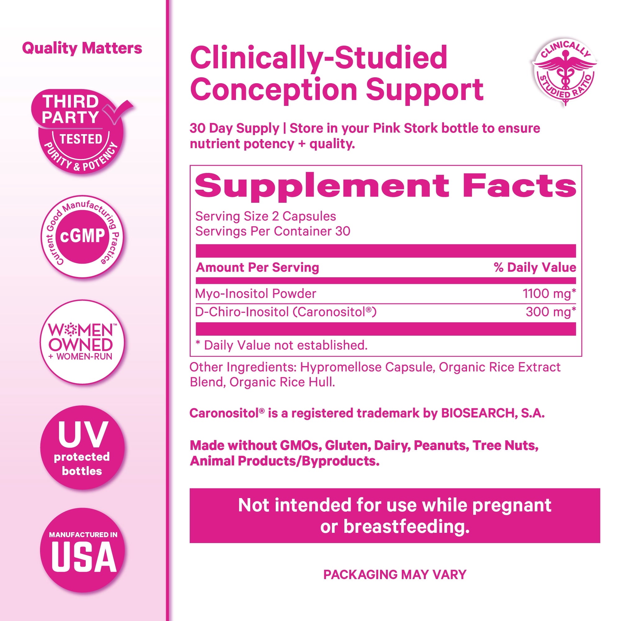 Pink Stork 3.6:1 Myo/Chiro Inositol Blend for Fertility and Hormone Support, 60 Capsules