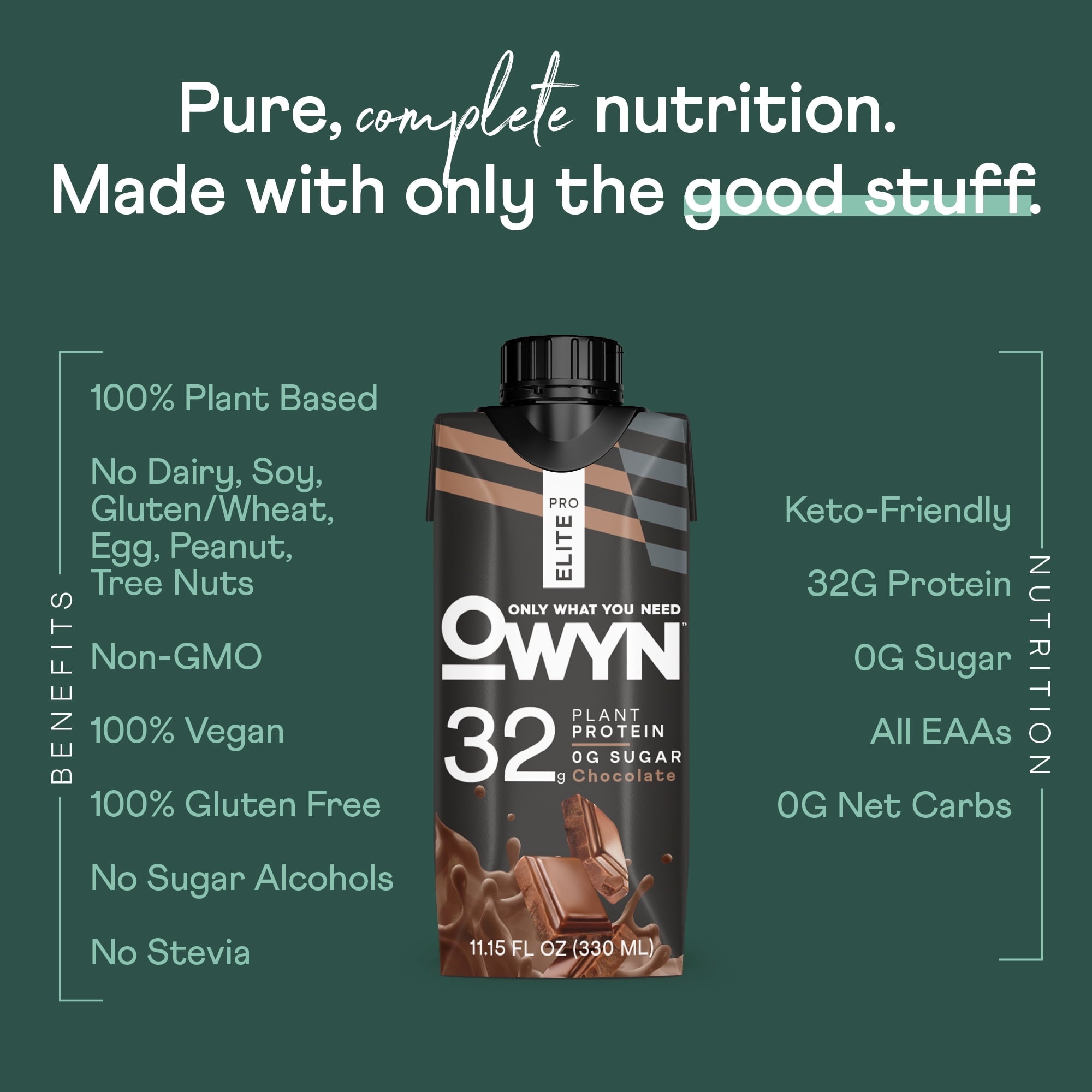 OWYN Pro Elite Plant Based Protein Shake, Nutrition Drink, Chocolate, 32g Protein, 11.15 oz, 12 Pack