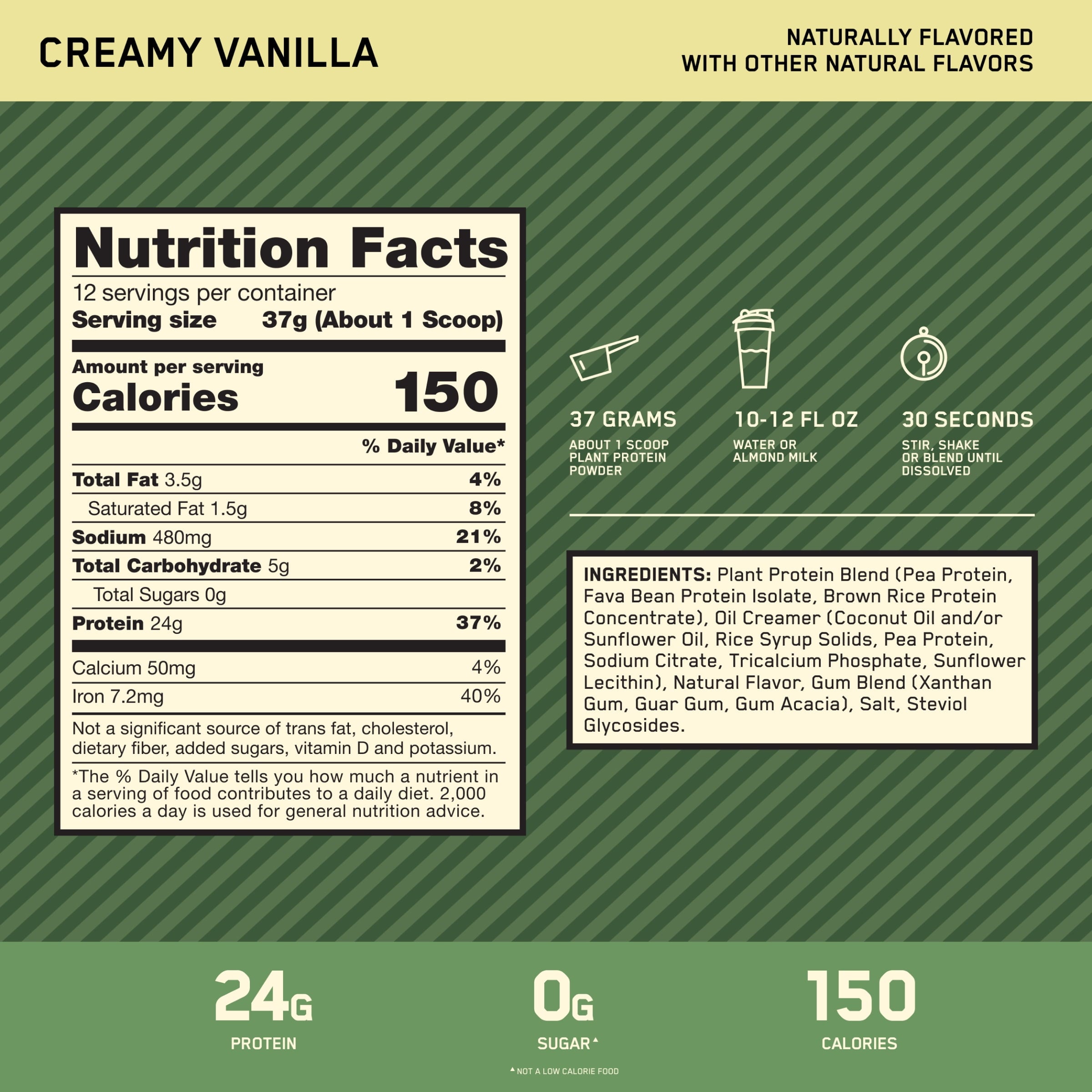 Optimum Nutrition, Gold Standard 100% Plant Protein Powder, Creamy Vanilla 1lb Tub