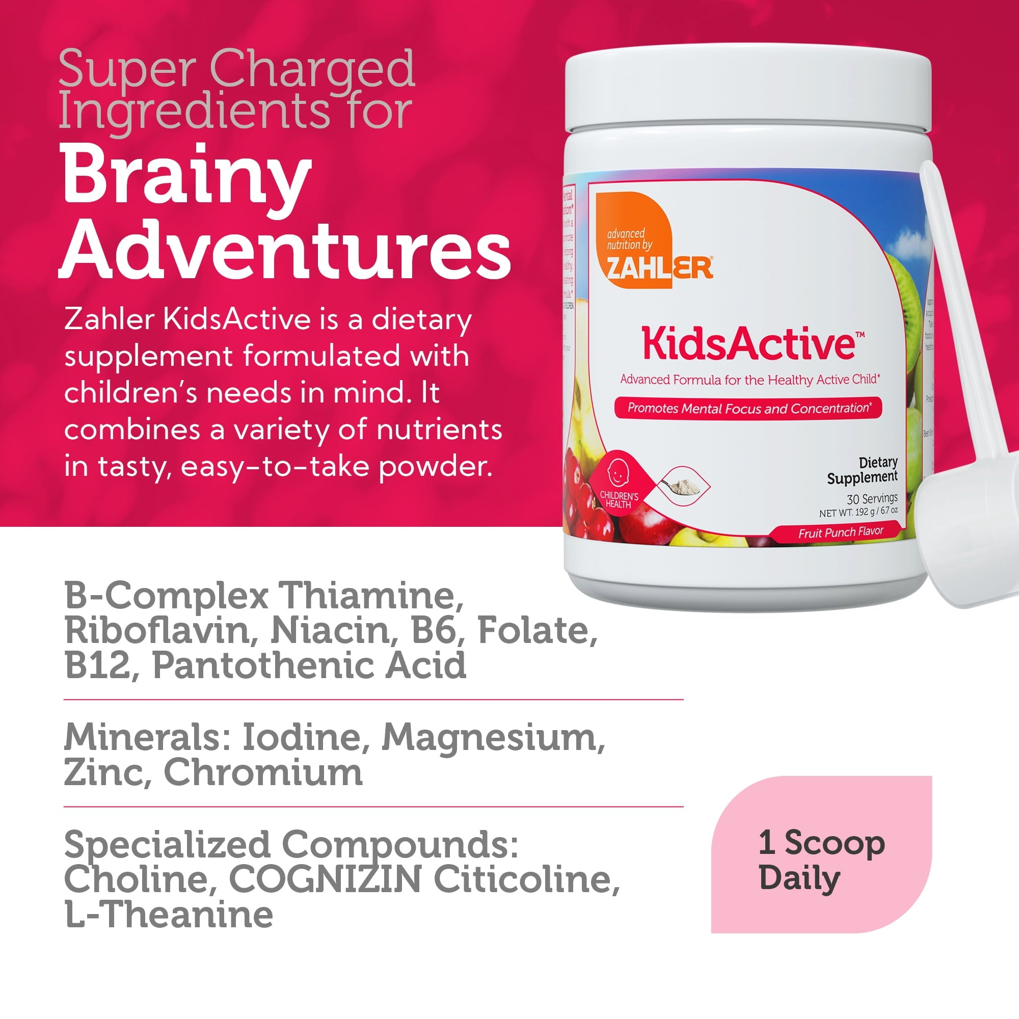 Zahler KidsActive Focus Gummies for Kids, Concentration Formula Powder, Kids Focus Gummies &amp; Focus Supplement, Fruit Punch Flavor, 30 Servings