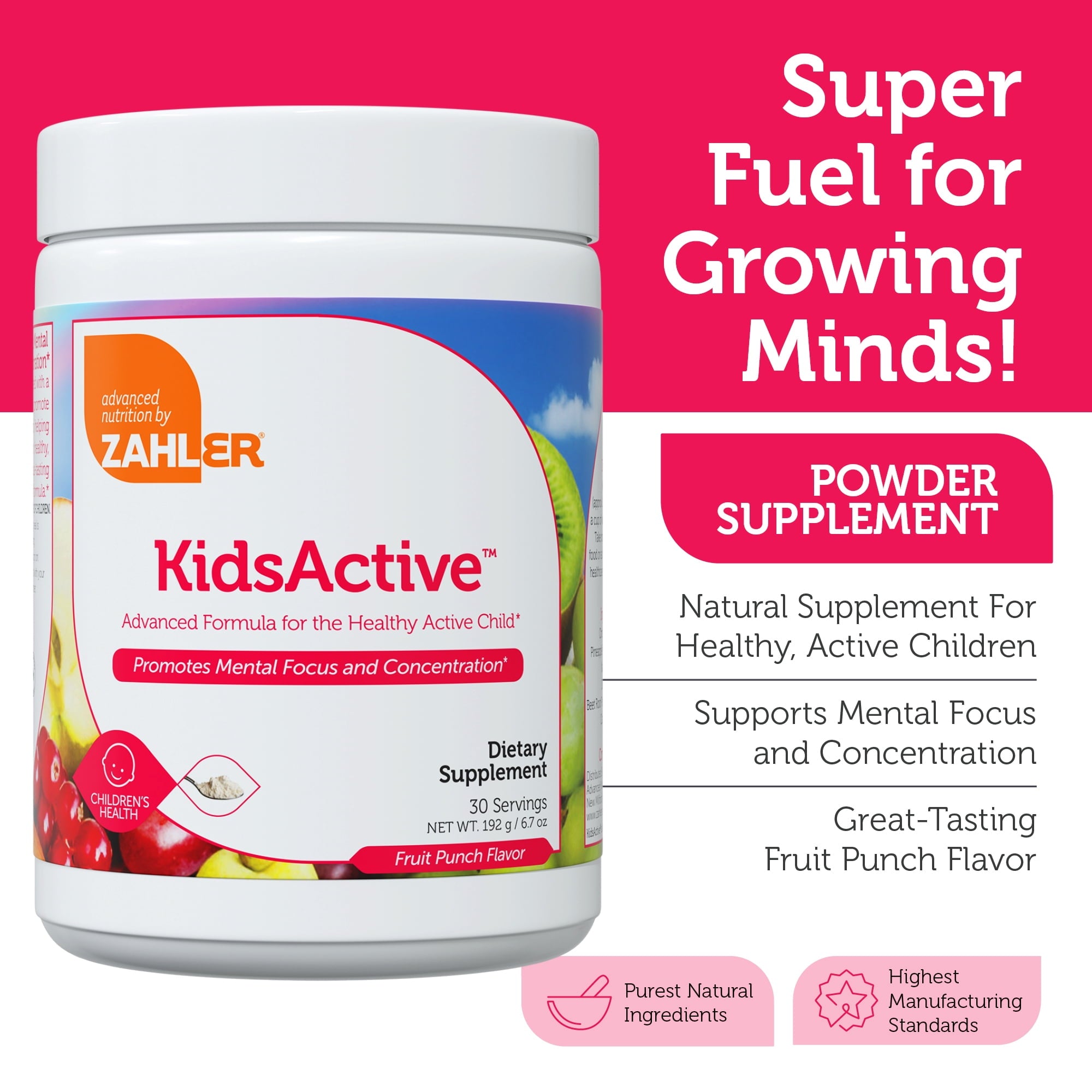 Zahler KidsActive Focus Gummies for Kids, Concentration Formula Powder, Kids Focus Gummies &amp; Focus Supplement, Fruit Punch Flavor, 30 Servings