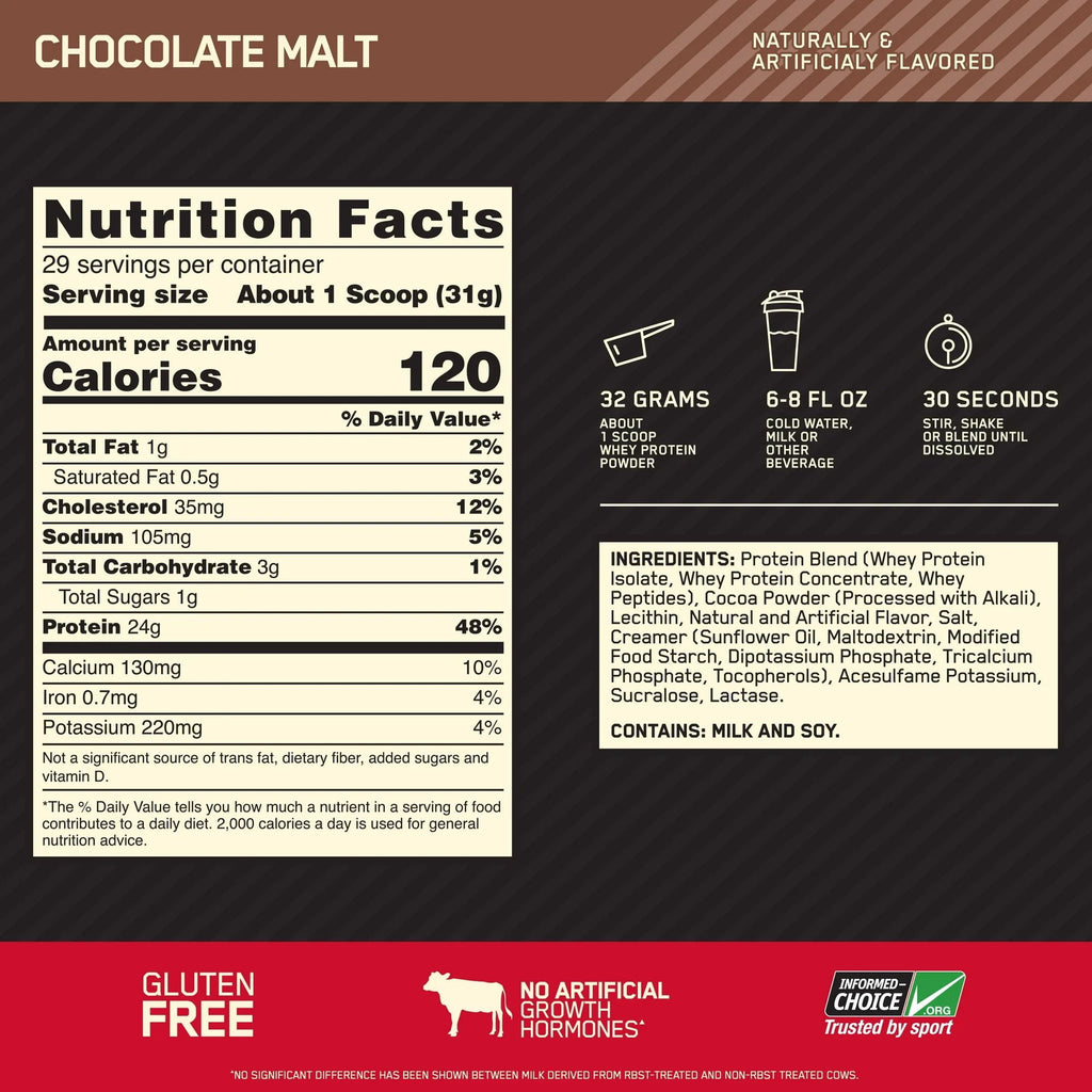 Optimum Nutrition Gold Standard 100% Whey Protein Powder, Chocolate Malt, 24g Protein, 2 LB