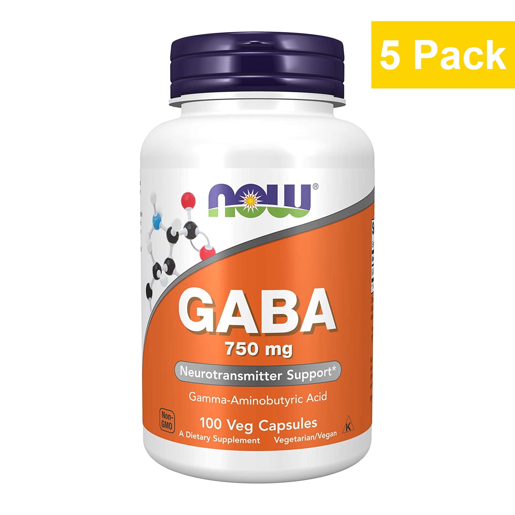 Now Foods, GABA, 750 mg, 100 Vcaps - 5 Packs