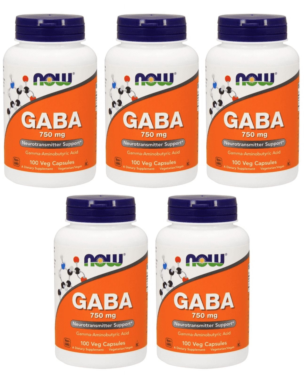 Now Foods, GABA, 750 mg, 100 Vcaps - 5 Packs