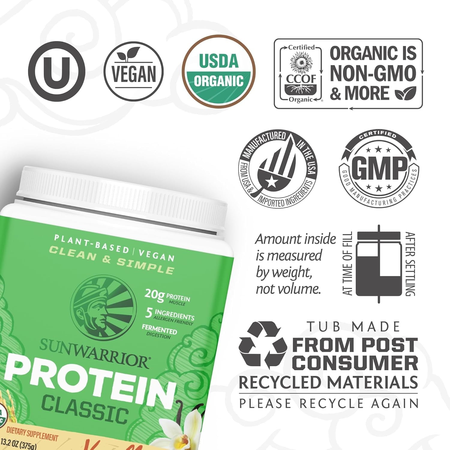 Sunwarrior Classic Protein Vanilla Organic Vegan Protein Powder with BCAA 375g