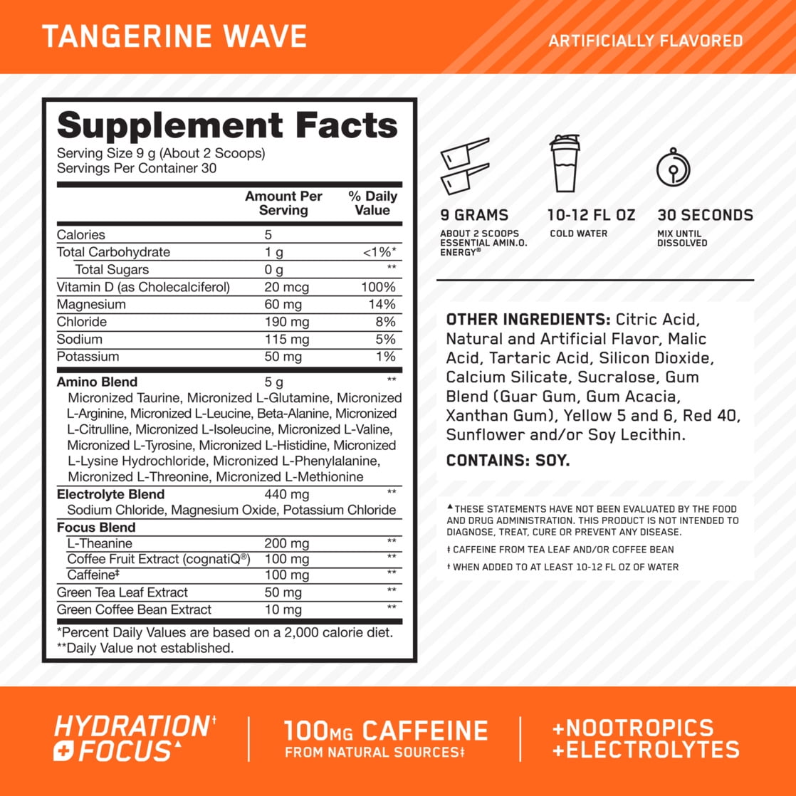Optimum Nutrition Essential Amino Energy Powder Plus Hydration, Tangerine Wave, with BCAA, Electrolytes, and Caffeine, 30 Servings
