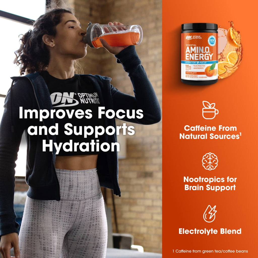 Optimum Nutrition Essential Amino Energy Powder Plus Hydration, Tangerine Wave, with BCAA, Electrolytes, and Caffeine, 30 Servings