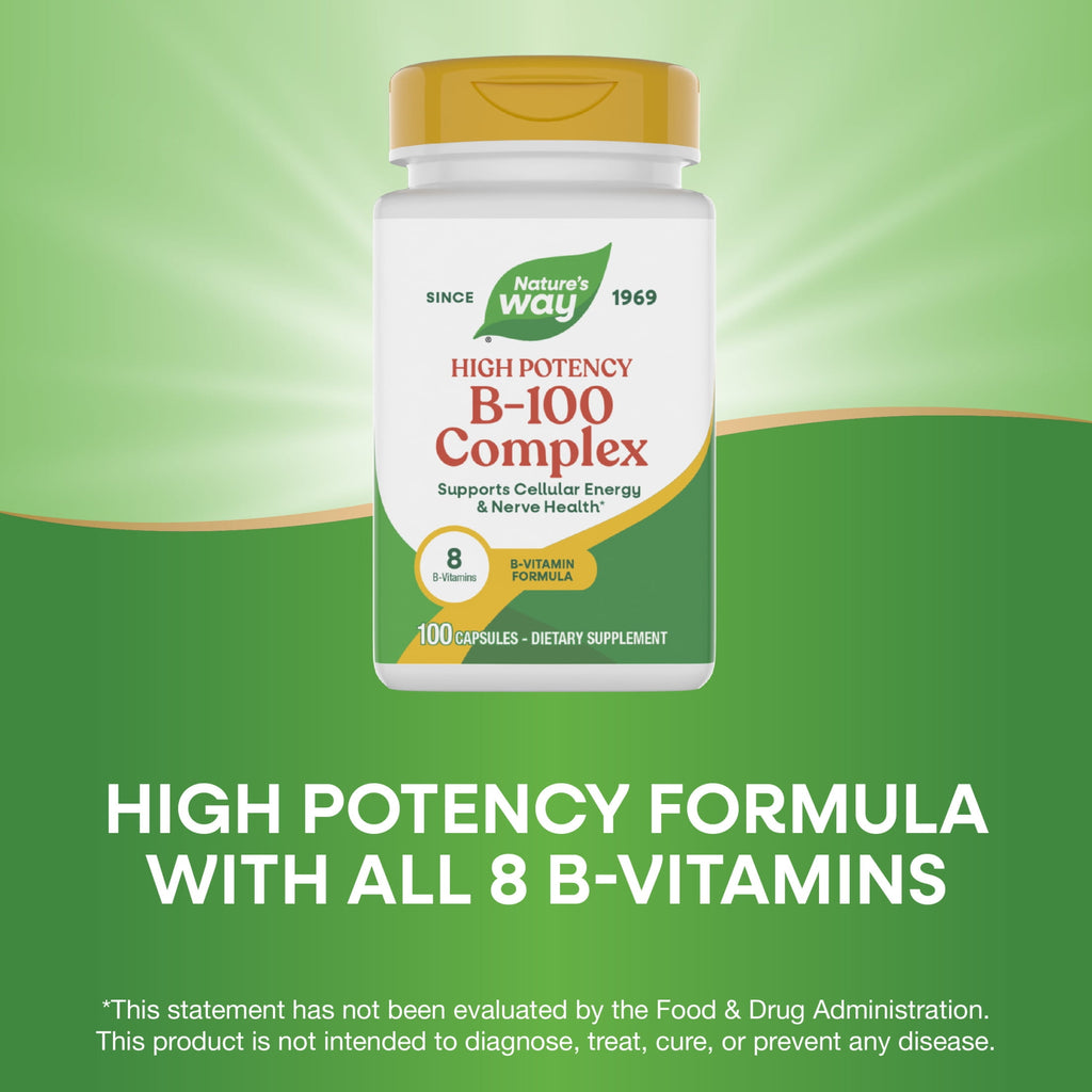 Nature's Way B-100 Complex Capsules, High Potency, Supports Cellular Energy and Nerve Health*, 8 B-Vitamins, 100ct