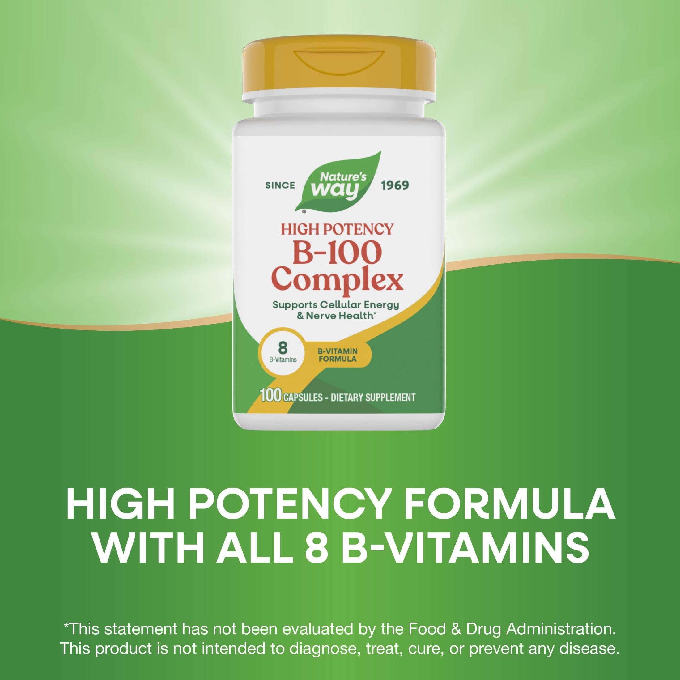 Nature's Way B-100 Complex Capsules, High Potency, Supports Cellular Energy and Nerve Health*, 8 B-Vitamins, 100ct
