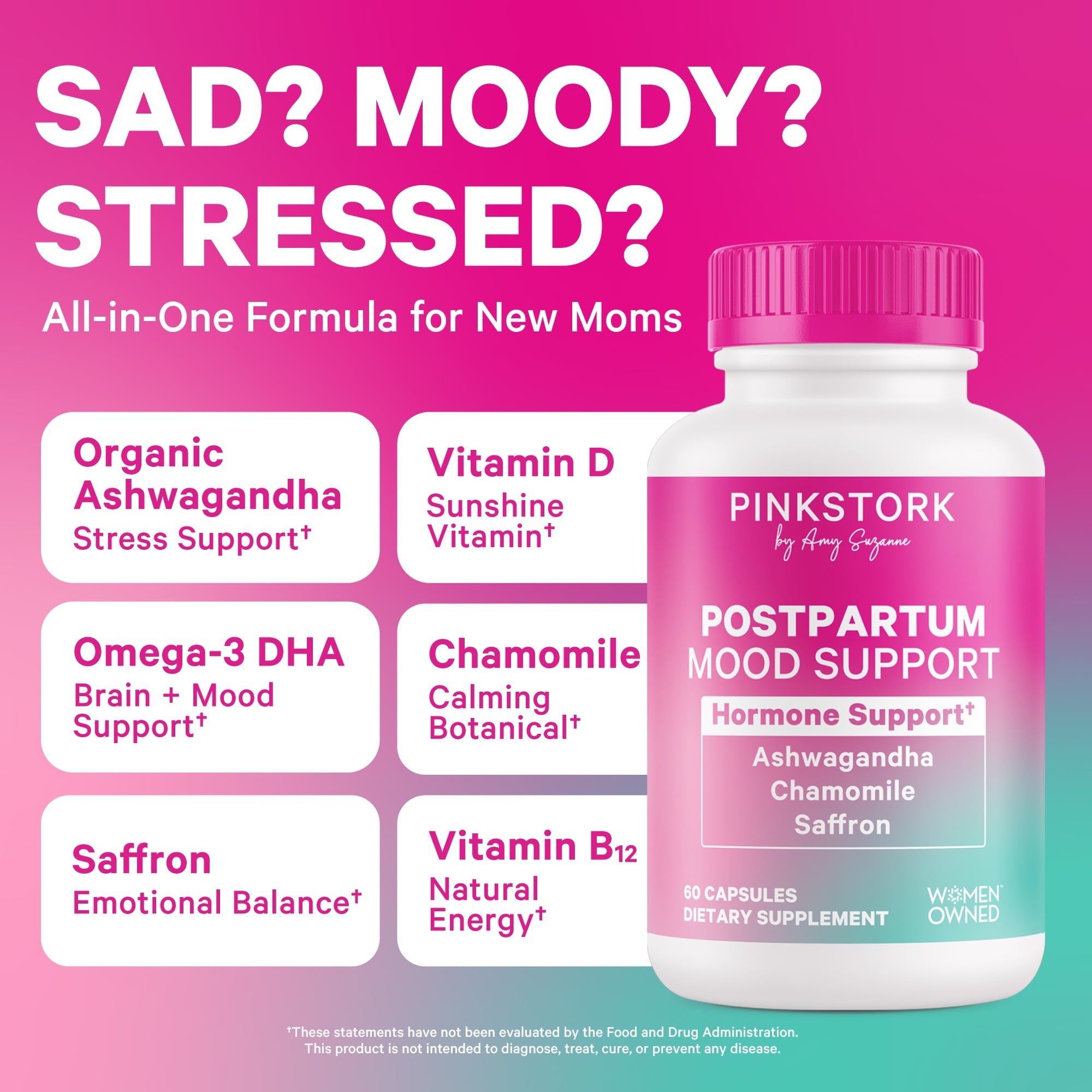 Pink Stork Postpartum Mood Support, Hormone Support, 60 Capsules