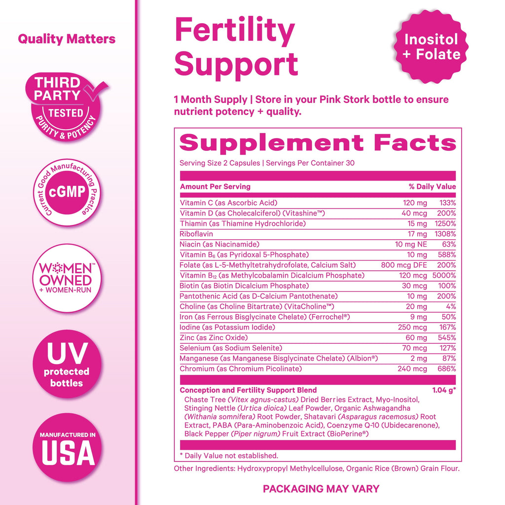 Pink Stork Fertility Supplements for Women: Vitex, Inositol, Folate, Zinc, Vitamins - 60 Gluten-Free Capsules
