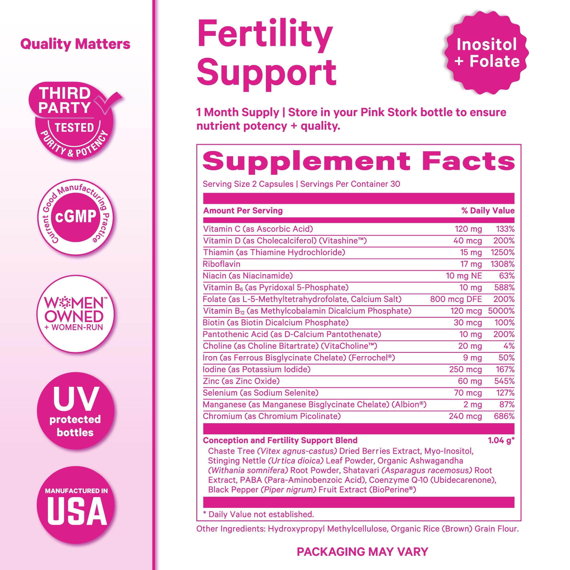 Pink Stork Fertility Supplements for Women: Vitex, Inositol, Folate, Zinc, Vitamins - 60 Gluten-Free Capsules