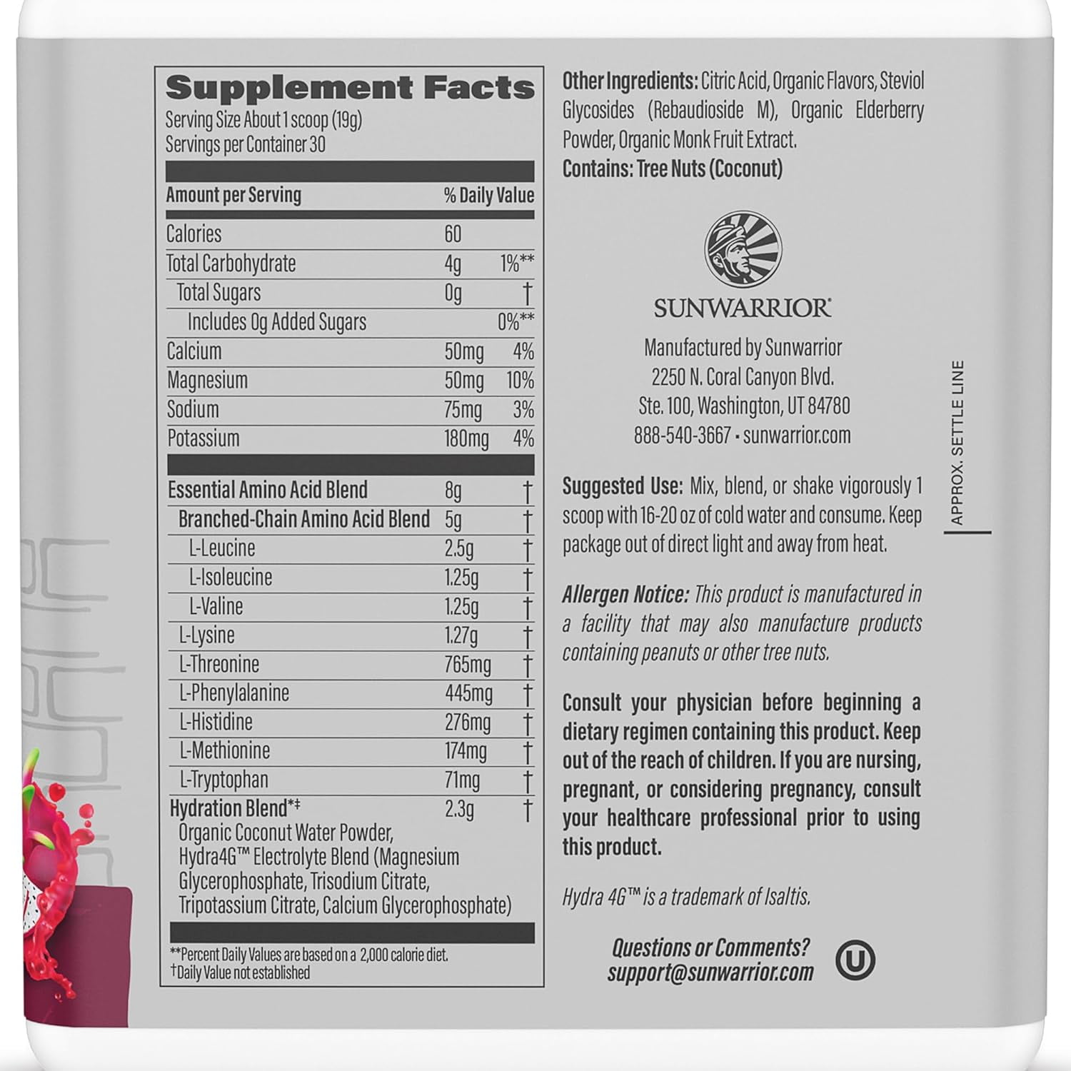Sunwarrior Amino Energy Powder with Active Amino Acids for Muscle Recovery, Dragon Fruit, 570g