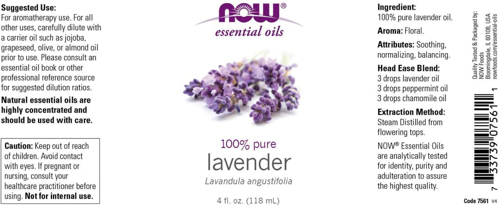 NOW Essential Oils, Lavender Oil, Soothing Aromatherapy Scent, Steam Distilled, 100% Pure, Vegan, Child Resistant Cap, 4-Ounce - 2 Packs