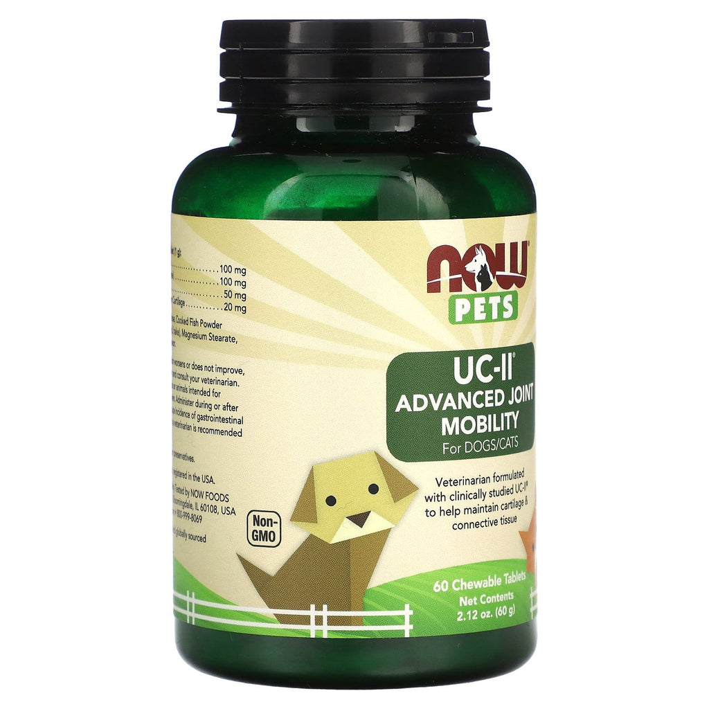 NOW Foods Pets UC-II Advanced Joint Mobility for Dogs/Cats, 60 Chewable Tablets, 2.12 oz (60 g)