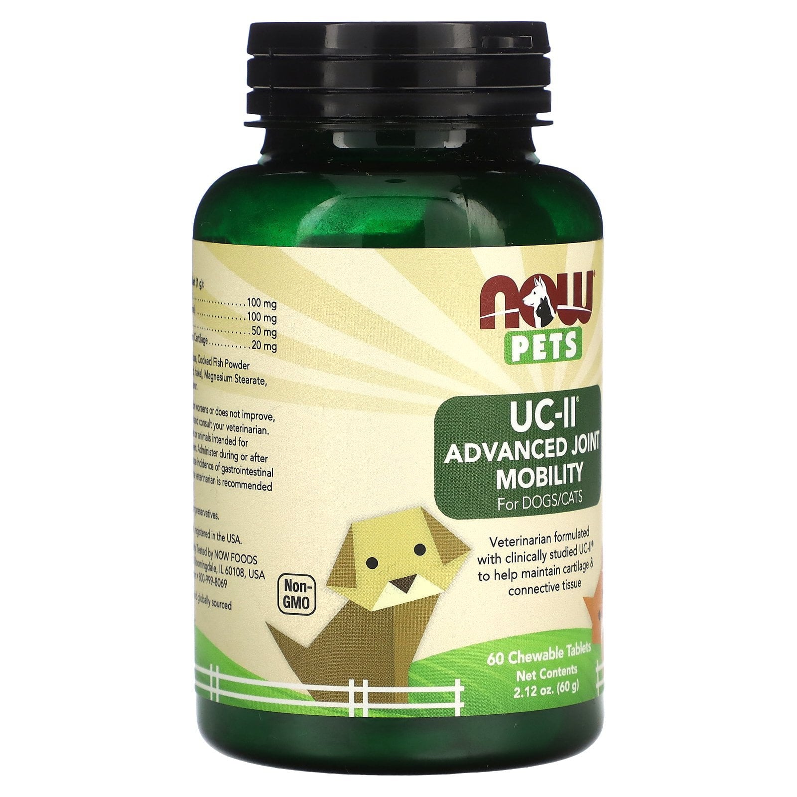 NOW Foods Pets UC-II Advanced Joint Mobility for Dogs/Cats, 60 Chewable Tablets, 2.12 oz (60 g)