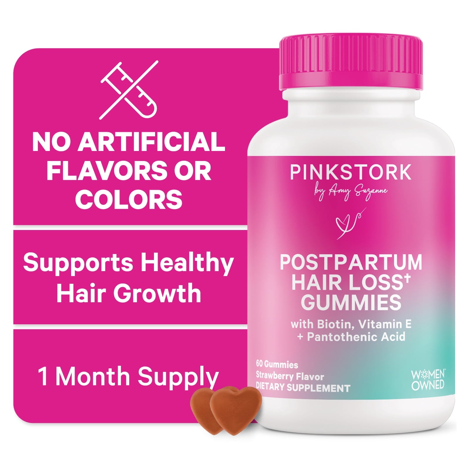 Pink Stork Postpartum Hair Loss Gummies, Biotin Hair Skin + Nails Vitamins, 60 Count