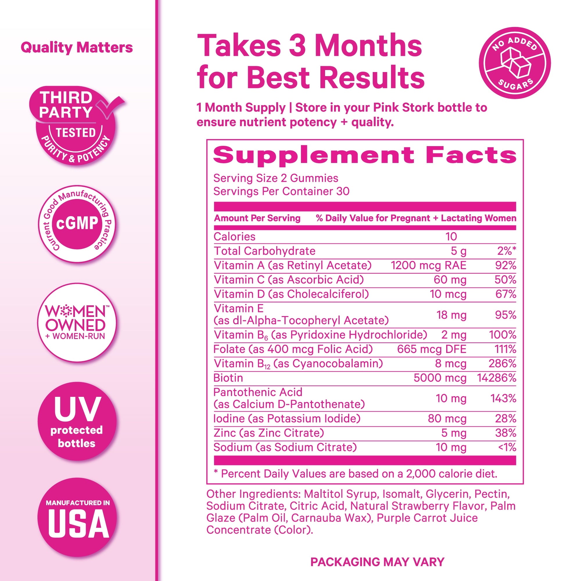 Pink Stork Postpartum Hair Loss Gummies, Biotin Hair Skin + Nails Vitamins, 60 Count