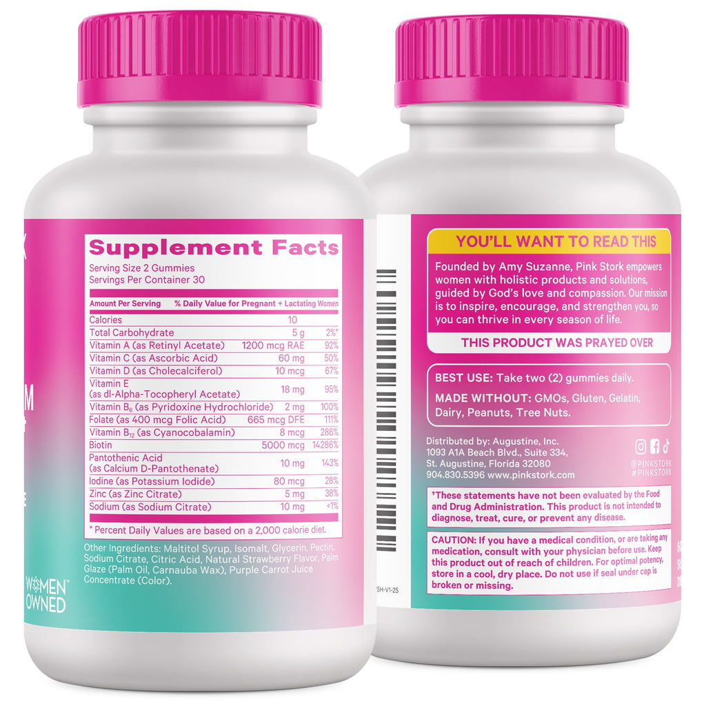 Pink Stork Postpartum Hair Loss Gummies, Biotin Hair Skin + Nails Vitamins, 60 Count