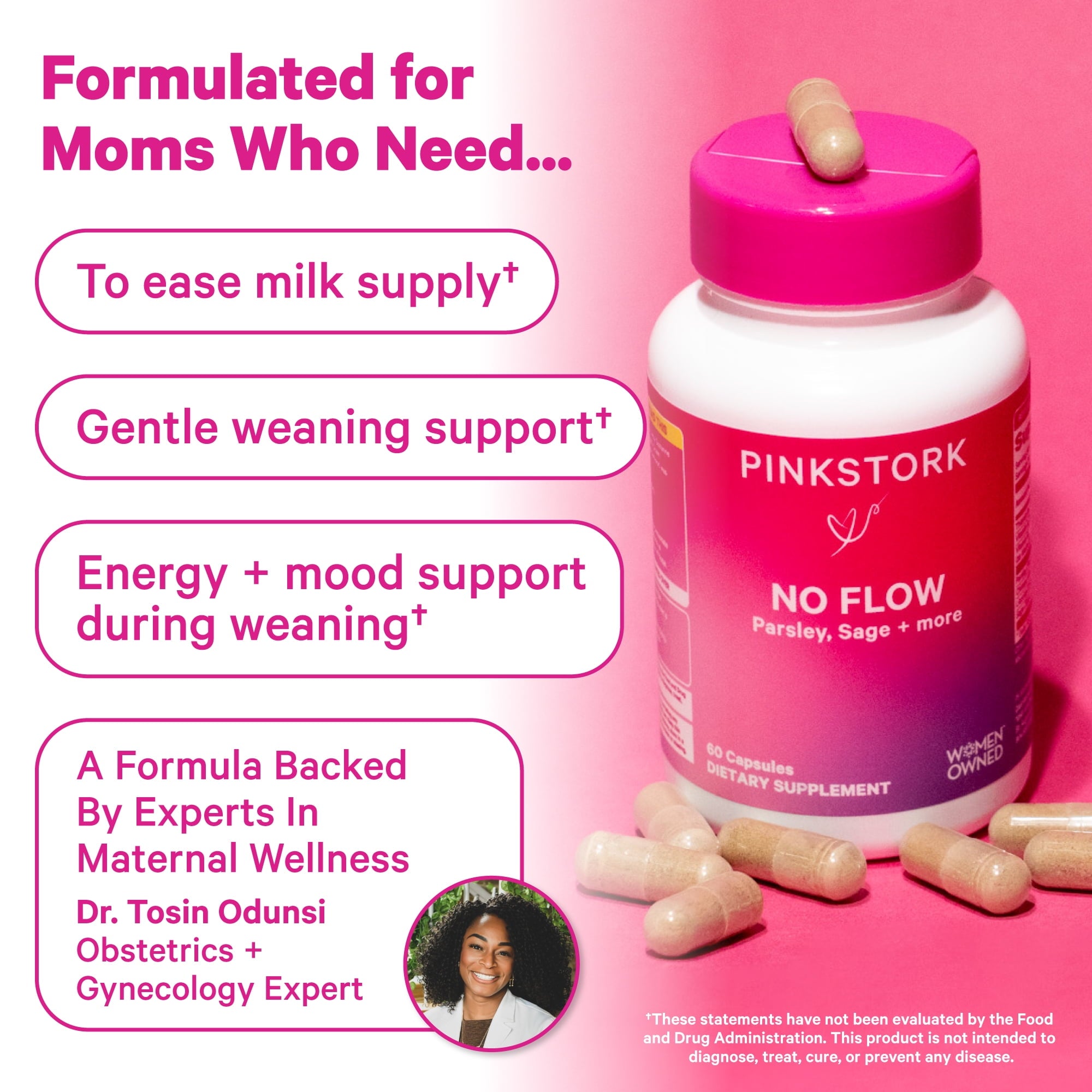 Pink Stork No Flow Support Supplement for Breastfeeding Moms, Thiamin, Mood and Energy, 60 Capsules
