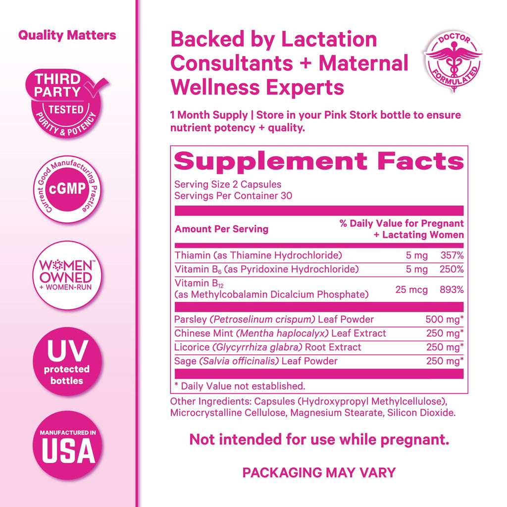 Pink Stork No Flow Support Supplement for Breastfeeding Moms, Thiamin, Mood and Energy, 60 Capsules