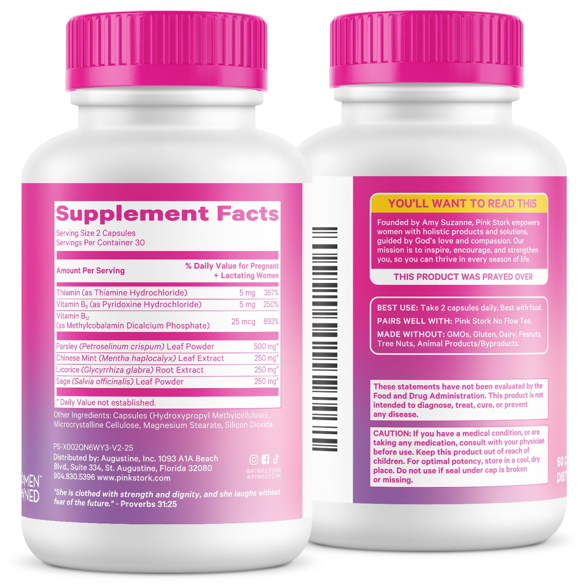 Pink Stork No Flow Support Supplement for Breastfeeding Moms, Thiamin, Mood and Energy, 60 Capsules
