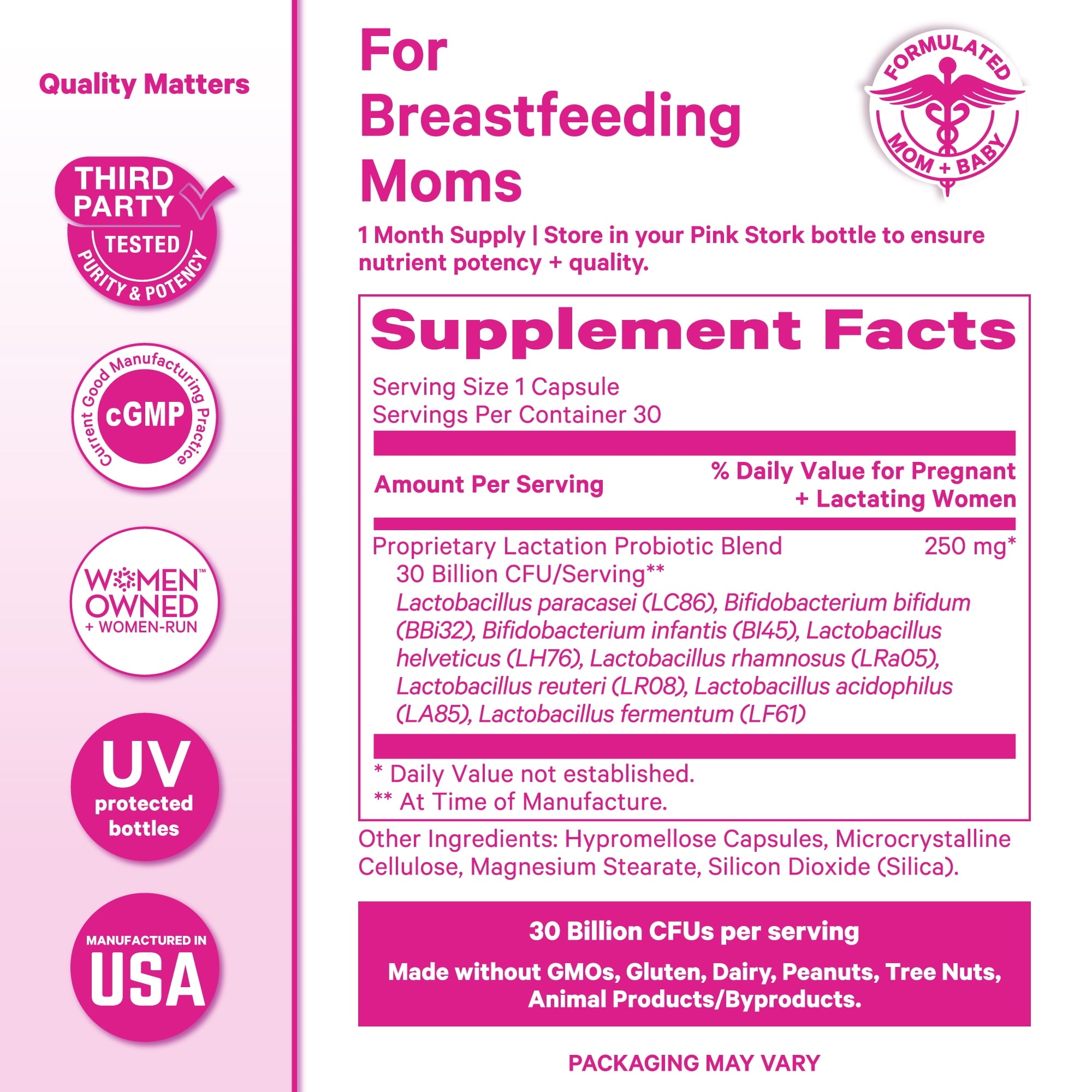 Pink Stork Total Lactation Probiotic: 10 Billion CFU, Breastfeeding, Women's Probiotic, 30 Capsules