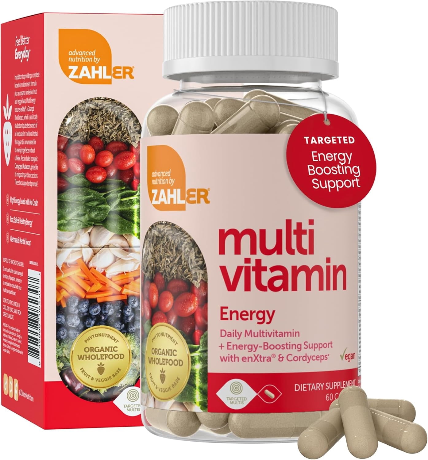 Mutivitamin Energy, Daily Multi + Energy Boosting Support with enXtra &amp; Cordyceps, 60 Capsules, Zahler
