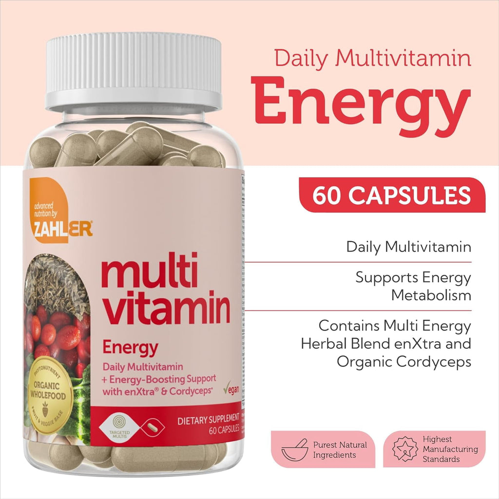Mutivitamin Energy, Daily Multi + Energy Boosting Support with enXtra &amp; Cordyceps, 60 Capsules, Zahler