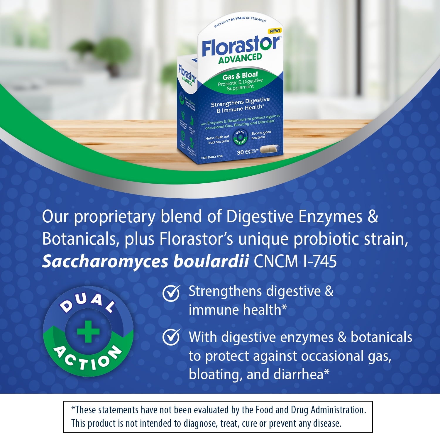 Florastor Unisex Advanced Gas &amp; Bloat Daily Probiotic &amp; Digestive Supplement Capsules, 30 Count