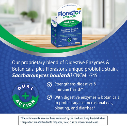 Florastor Unisex Advanced Gas &amp; Bloat Daily Probiotic &amp; Digestive Supplement Capsules, 30 Count