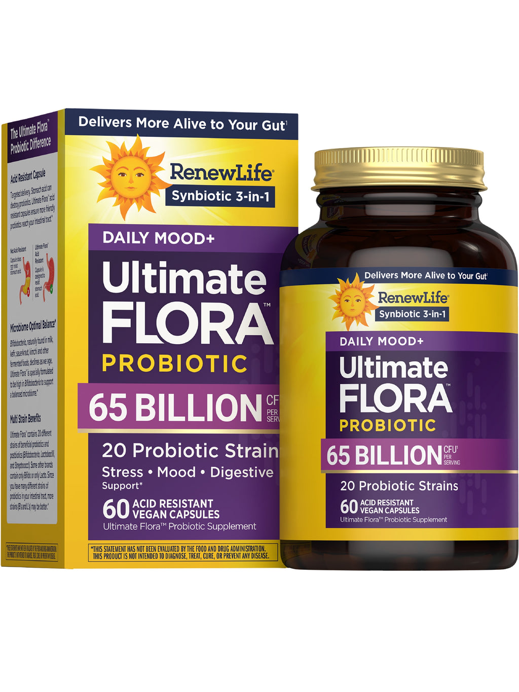 Ultimate Flora Probiotics Daily Mood Support | 65 Billion CFU | 60 Delayed Release Vegan Capsules with Ashwagandha | by Renew Life