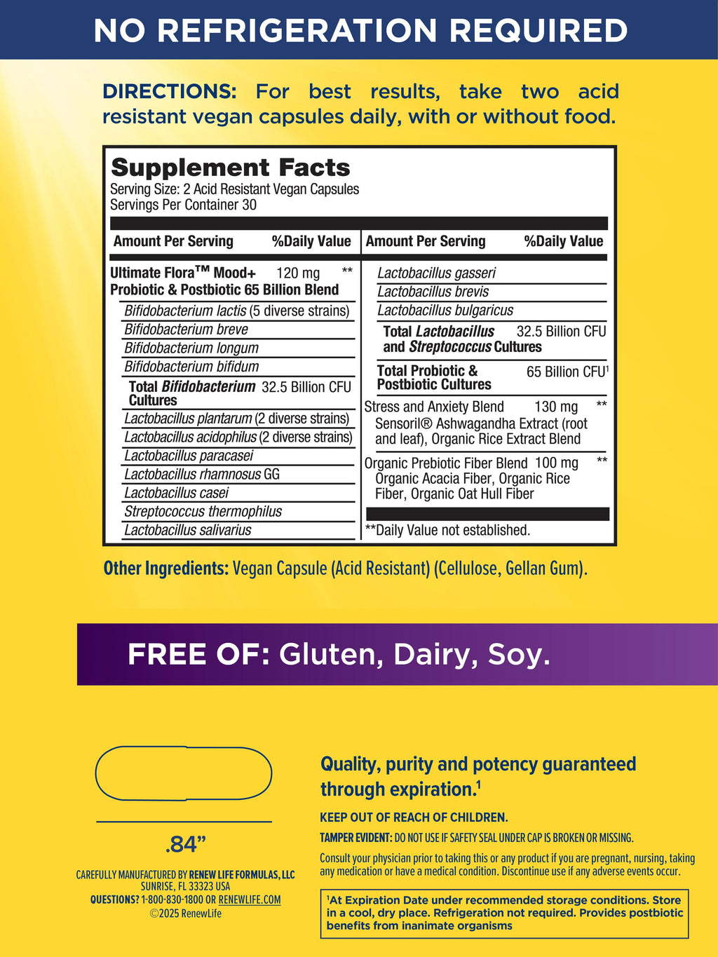Ultimate Flora Probiotics Daily Mood Support | 65 Billion CFU | 60 Delayed Release Vegan Capsules with Ashwagandha | by Renew Life