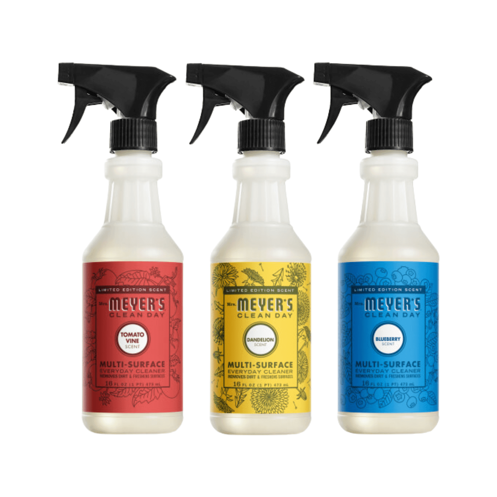 Mrs. Meyer’s Clean Day Multi-Surface Cleaner 16 fl oz Each, Fresh Cut Grass, Tomato Vine, Dandelion, Blueberry, 1 ct (Variety Pack)