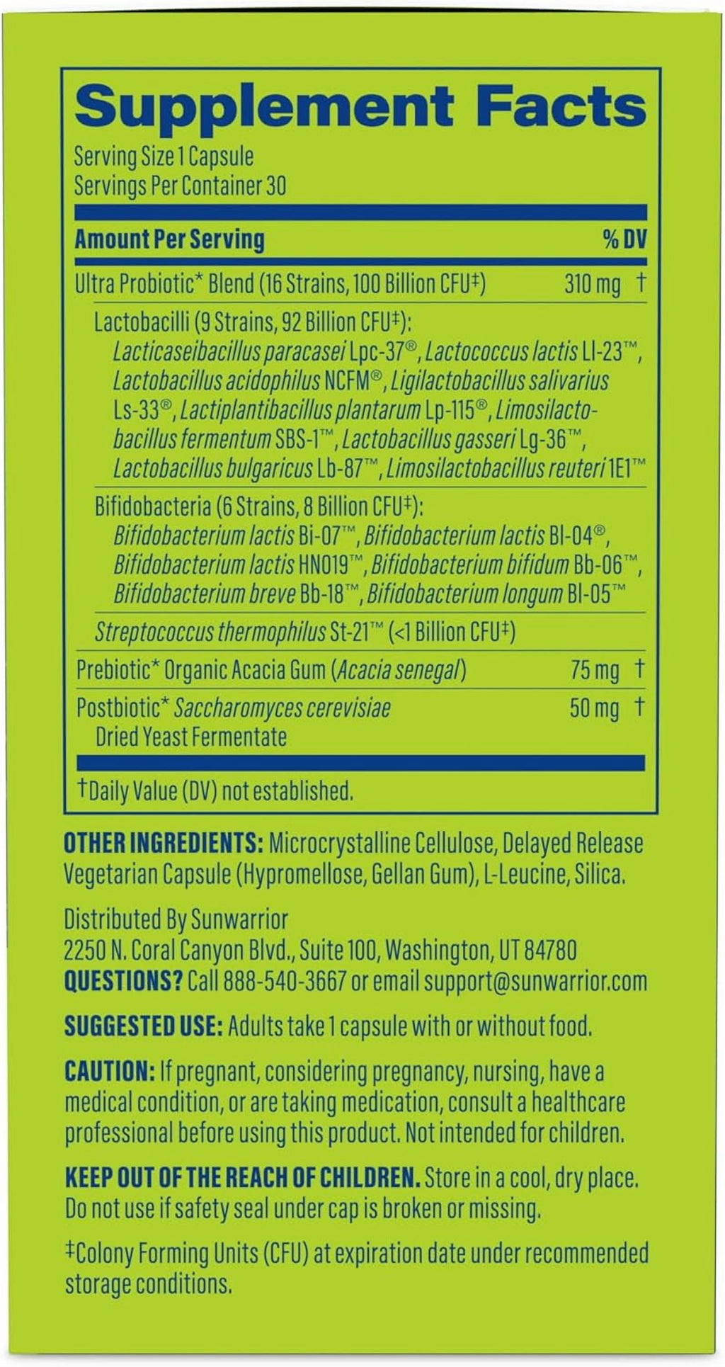 Sunwarrior Active Performance Ultra Probiotic Capsules for Gut Health, 100 Billion CFU, 30 Count