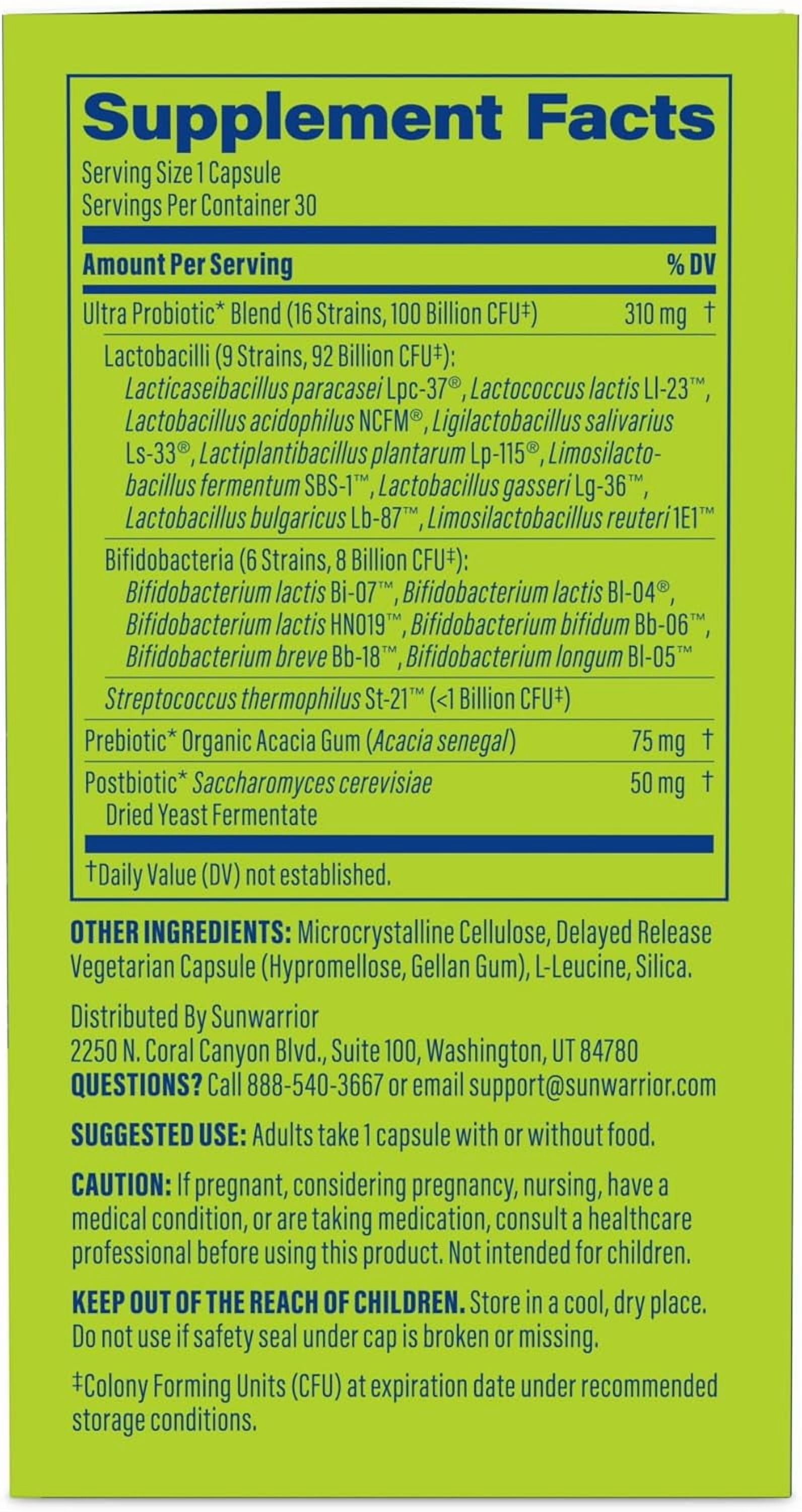 Sunwarrior Active Performance Ultra Probiotic Capsules for Gut Health, 100 Billion CFU, 30 Count
