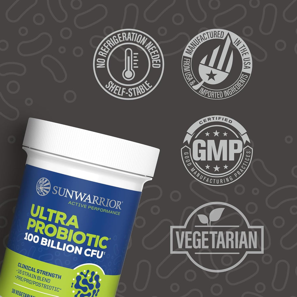Sunwarrior Active Performance Ultra Probiotic Capsules for Gut Health, 100 Billion CFU, 30 Count
