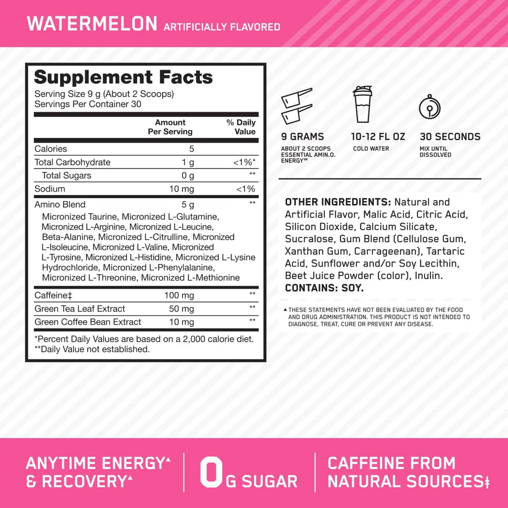 Optimum Nutrition Amino Energy Pre Workout + Essential Amino Acids Powder, Watermelon, 30 Servings