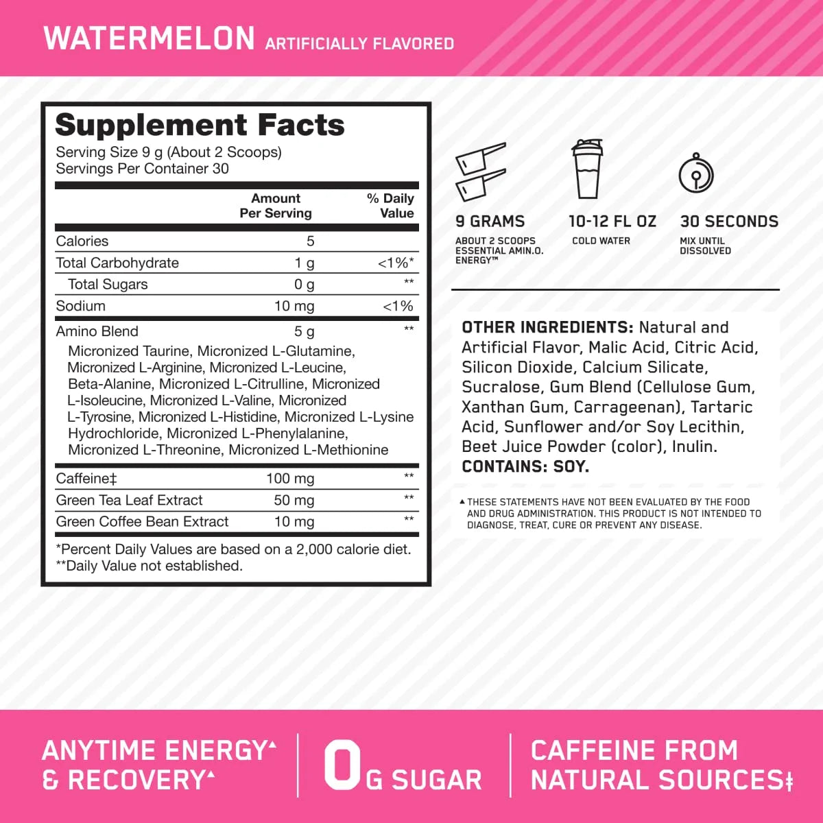 Optimum Nutrition Amino Energy Pre Workout + Essential Amino Acids Powder, Watermelon, 30 Servings