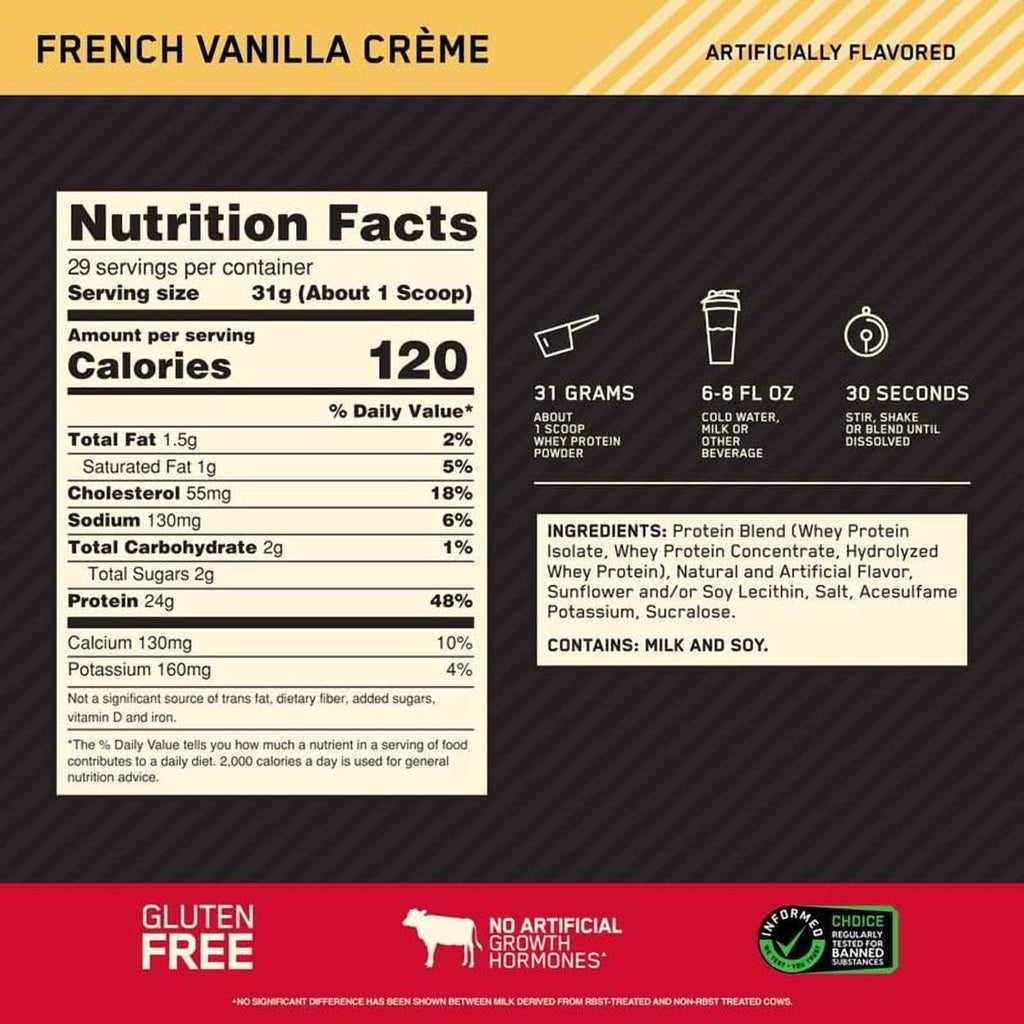 Optimum Nutrition Gold Standard 100% Whey Protein Powder, French Vanilla Creme, 24g Protein, 2 LB