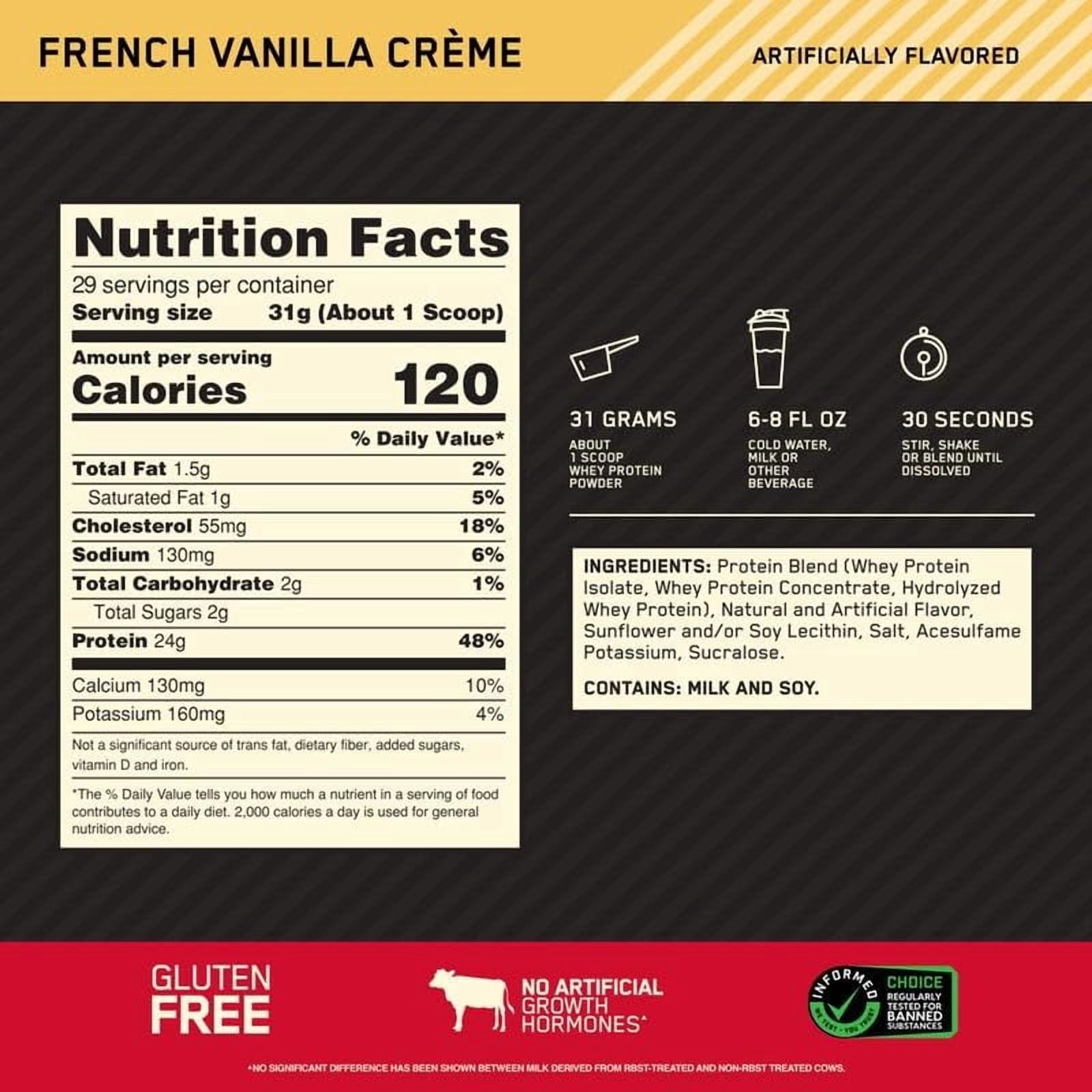 Optimum Nutrition Gold Standard 100% Whey Protein Powder, French Vanilla Creme, 24g Protein, 2 LB