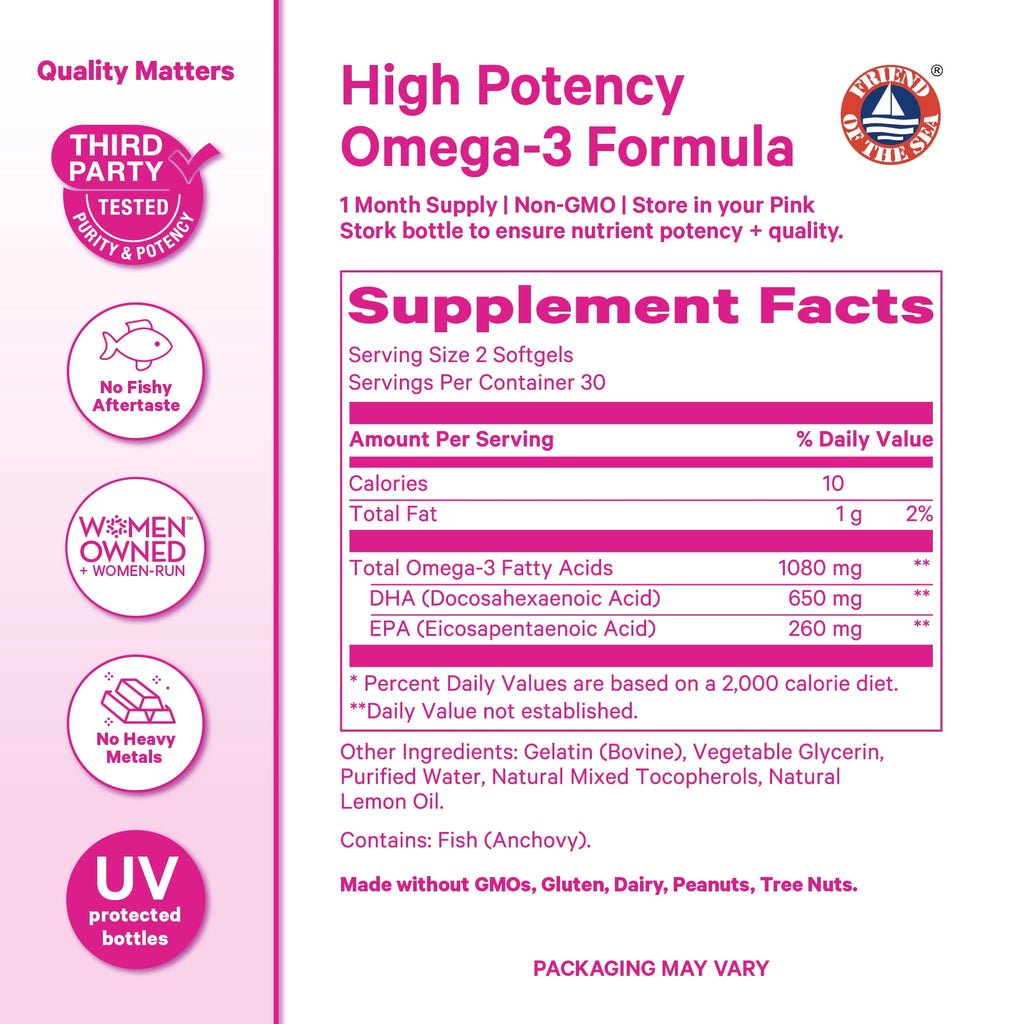 Pink Stork Omega 3 Fish Oil Supplements DHA and EPA for Cognitive Health- 60 Softgels